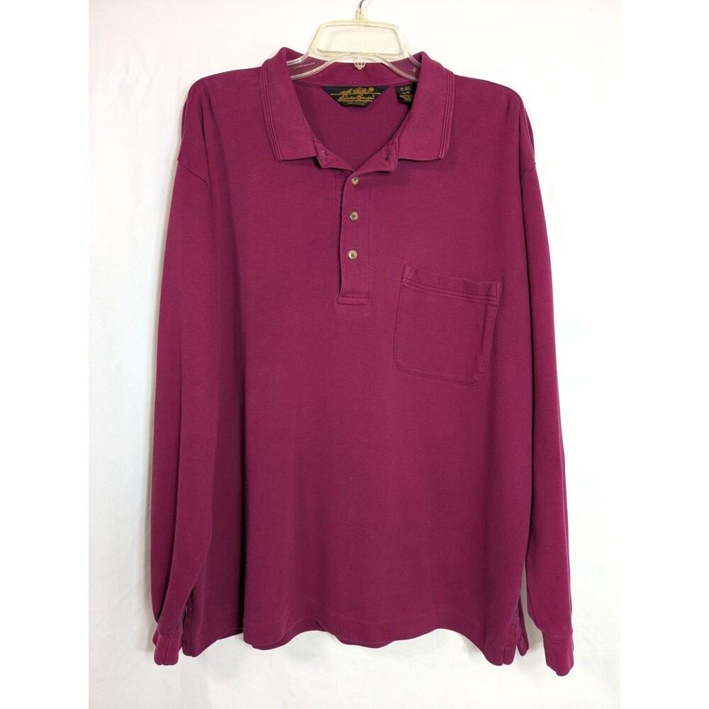 Vintage Eddie Bauer Shirt Mens L Burgundy 90s Polo Long Sleeve Chest Pocket